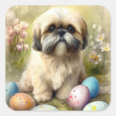 Lhasa Apso Hund mit Ostereiern Urlaub Quadratischer Aufkleber (Vorderseite)