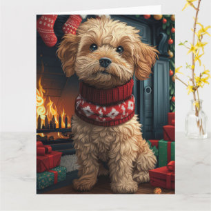 Lhasa Apso Hund mit Weihnachtsgeschenken Kamin Karte