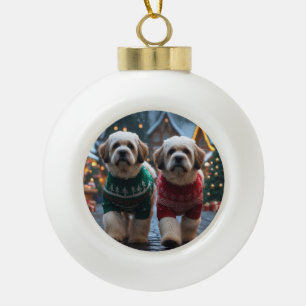 Lhasa Apso Hunde Weihnachten Schnee Urlaub Keramik Kugel-Ornament