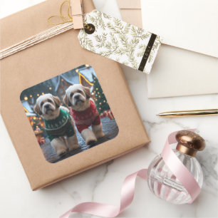 Lhasa Apso Hunde Weihnachten Schnee Urlaub Quadratischer Aufkleber