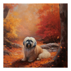 Lhasa Apso im Herbst Blätterfall inspiriert Poster