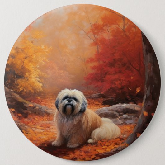 Lhasa Apso im Herbst Leaves Fall Inspiriert Button (Vorderseite)