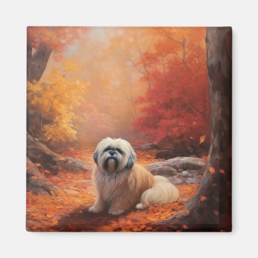 Lhasa Apso im Herbst Leaves Fall Inspiriert Magnet (Vorne)