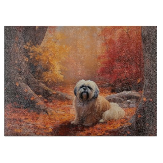 Lhasa Apso im Herbst Leaves Fall Inspiriert Schneidebrett (Vorderseite)