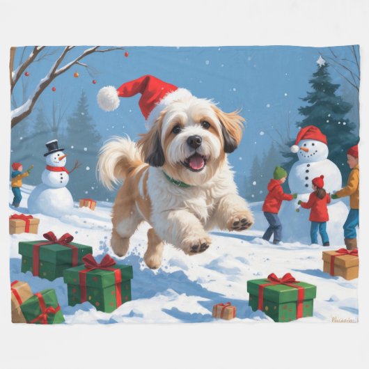 Lhasa Apso läuft in Snow mit Weihnachtshut Fleecedecke (Vorderseite (Horizontal))