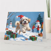 Lhasa Apso läuft in Snow mit Weihnachtshut Karte (Vorderseite)