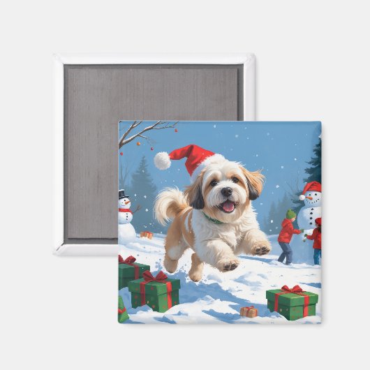 Lhasa Apso läuft in Snow mit Weihnachtshut Magnet (Vorderseite/Rückseite)
