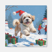 Lhasa Apso läuft in Snow mit Weihnachtshut Magnet (Vorne)