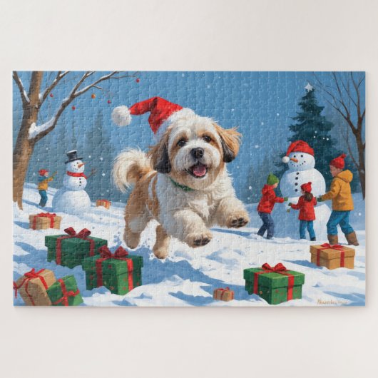 Lhasa Apso läuft in Snow mit Weihnachtshut Puzzle (Horizontal)