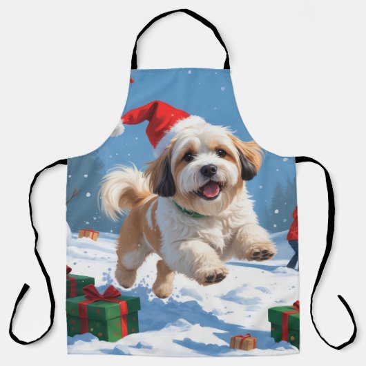 Lhasa Apso läuft in Snow mit Weihnachtshut Schürze (Vorderseite)