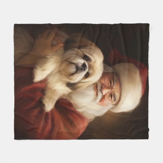 Lhasa Apso mit dem Weihnachtsmann Weihnachten Fleecedecke (Vorderseite (Horizontal))