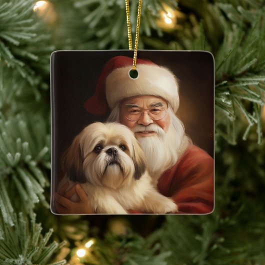 Lhasa Apso mit dem Weihnachtsmann Weihnachten Keramikornament (Baum)