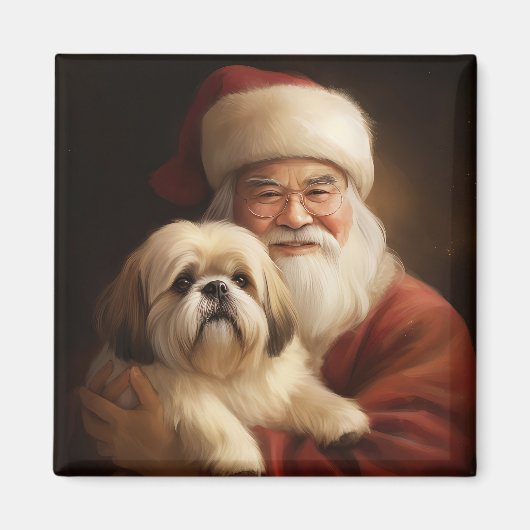 Lhasa Apso mit dem Weihnachtsmann Weihnachten Magnet (Vorne)