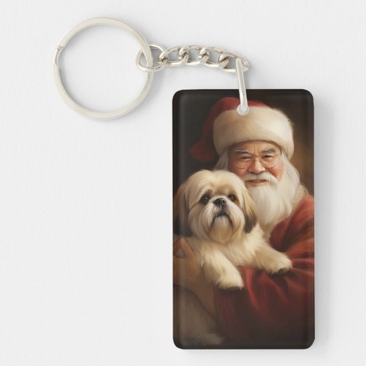 Lhasa Apso mit dem Weihnachtsmann Weihnachten Schlüsselanhänger (Vorderseite)