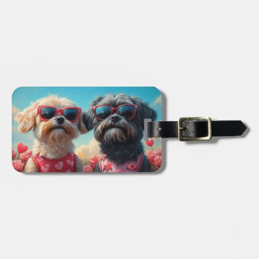 Lhasa Apso mit Herz-Rose Valentinstag Gepäckanhänger (Vorderseite horizontal)