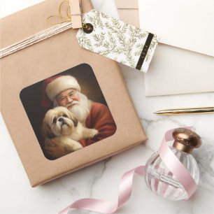 Lhasa Apso mit Santa Claus Festliches Weihnachten  Quadratischer Aufkleber