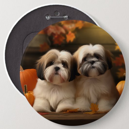 Lhasa Apso Puppy Autumn Delight Pumpkin Button (Vorne & Hinten)
