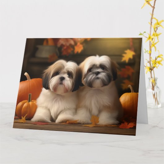 Lhasa Apso Puppy Autumn Delight Pumpkin Karte (Gelbe Blume)