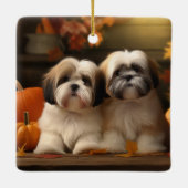 Lhasa Apso Puppy Autumn Delight Pumpkin Keramikornament (Rückseite)
