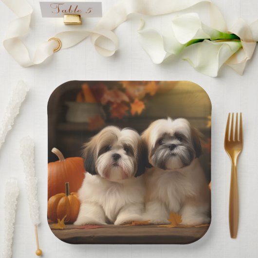 Lhasa Apso Puppy Autumn Delight Pumpkin Pappteller (Hochzeit)