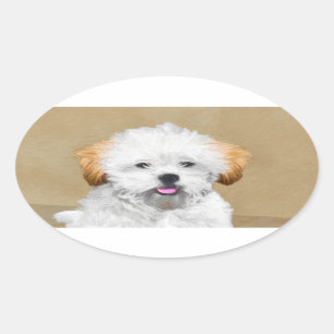 Lhasa Apso Puppy Painting - Niedliche Original Dog Ovaler Aufkleber