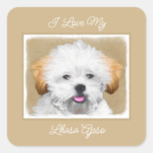 Lhasa Apso Puppy Painting - Niedliche Original Dog Quadratischer Aufkleber