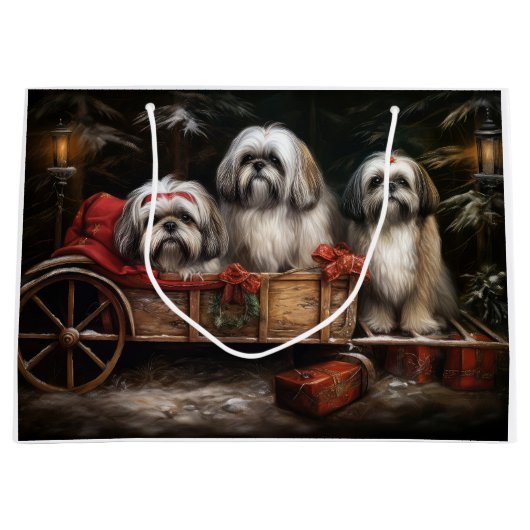 Lhasa Apso Snowy Sleigh Weihnachtsdekor Große Geschenktüte (Vorderseite)