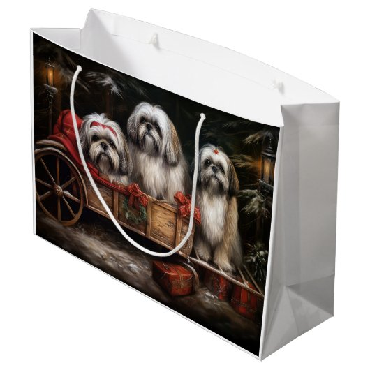 Lhasa Apso Snowy Sleigh Weihnachtsdekor Große Geschenktüte (Rückseite Schrägansicht)