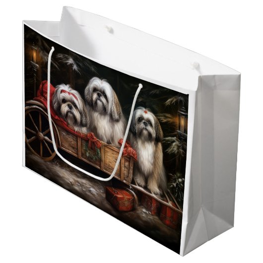 Lhasa Apso Snowy Sleigh Weihnachtsdekor Große Geschenktüte (Vorderseite Schrägansicht)