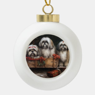 Lhasa Apso Snowy Sleigh Weihnachtsdekor Keramik Kugel-Ornament