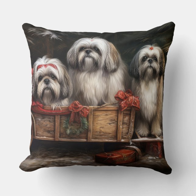 Lhasa Apso Snowy Sleigh Weihnachtsdekor Kissen (Vorderseite)