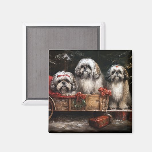 Lhasa Apso Snowy Sleigh Weihnachtsdekor Magnet (Vorderseite/Rückseite)