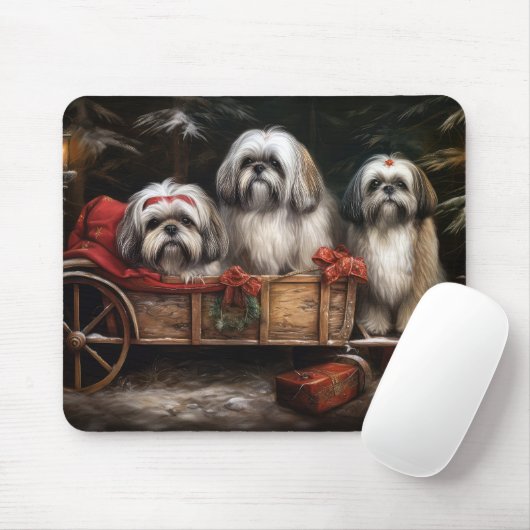 Lhasa Apso Snowy Sleigh Weihnachtsdekor Mousepad (Mit Mouse)