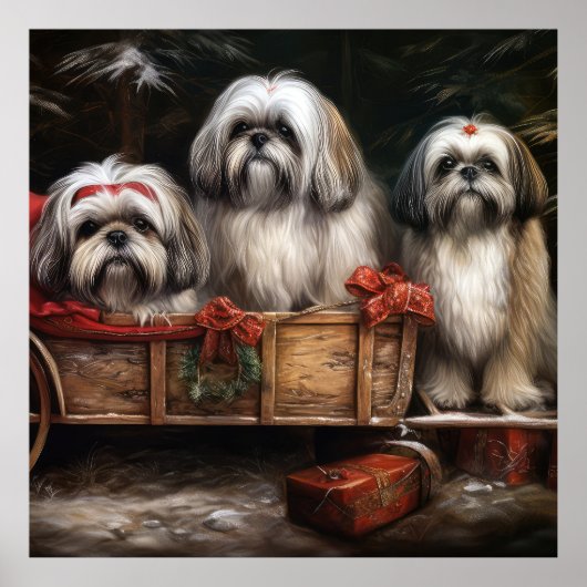 Lhasa Apso Snowy Sleigh Weihnachtsdekor Poster (Vorne)