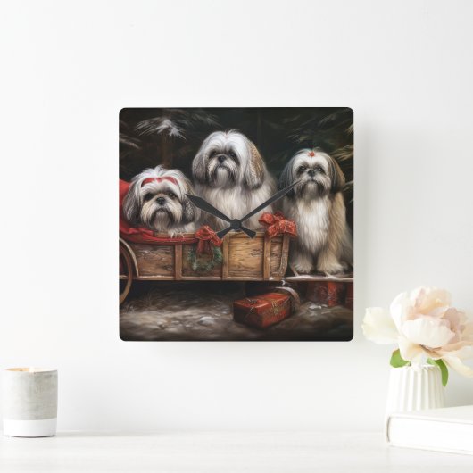 Lhasa Apso Snowy Sleigh Weihnachtsdekor Quadratische Wanduhr (Zuhause)