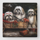 Lhasa Apso Snowy Sleigh Weihnachtsdekor Quadratische Wanduhr (Vorderseite)