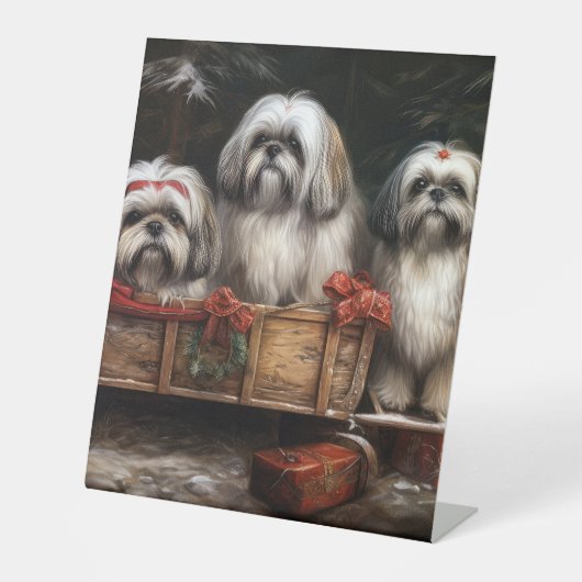 Lhasa Apso Snowy Sleigh Weihnachtsdekor Sockelschild (Vorderseite)