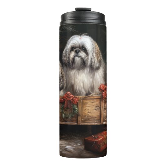 Lhasa Apso Snowy Sleigh Weihnachtsdekor Thermosbecher (Vorderseite)