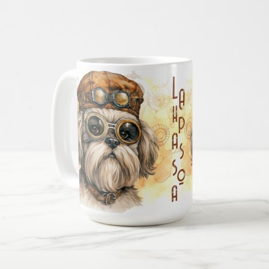 Lhasa Apso Steampunk-Hund Kaffeetasse (Vorderseite Links)