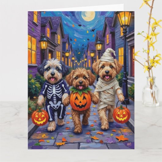 Lhasa Apso Trick-or-Treating in Halloween-Kostümen Karte (Gelbe Blume)