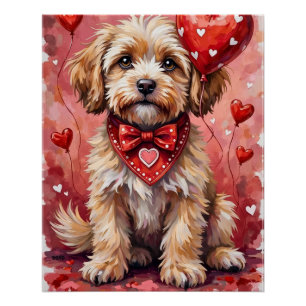 Lhasa Apso Valentinstag Hund sitzt mit Herzen Rot Poster