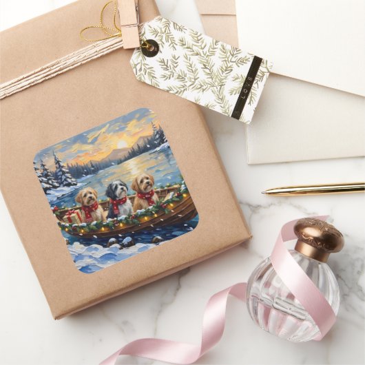 Lhasa Apso Weihnachtsboot Urlaub Quadratischer Aufkleber (Schenken)