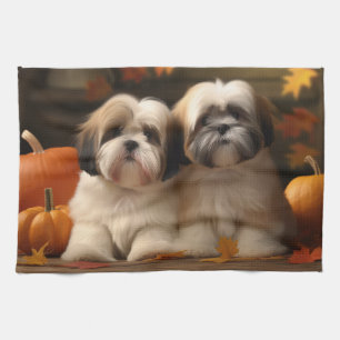 Lhasa Apso Welpe Herbstfreude Kürbis Geschirrtuch