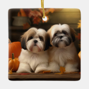 Lhasa Apso Welpe Herbstfreude Kürbis Keramikornament