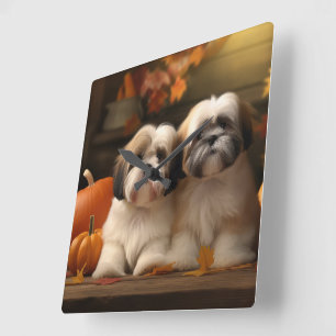 Lhasa Apso Welpe Herbstfreude Kürbis  Quadratische Wanduhr