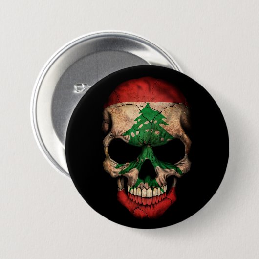 Libanesischer Flaggen-Schädel auf Schwarzem Button (Vorne & Hinten)