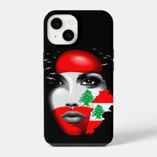 Libanon-Flagge und Karte auf dem Gesicht eines Mäd iPhone 14 Hülle