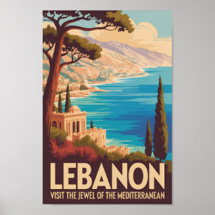 Libanon Landschaft Illustration Reise Kunst Vintag Poster