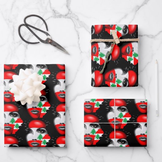 Libanonflagge und -karte im Gesicht eines Mädchens Geschenkpapier Set (Vorderseite)