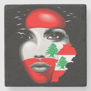 Libanonflagge und -karte im Gesicht eines Mädchens Steinuntersetzer